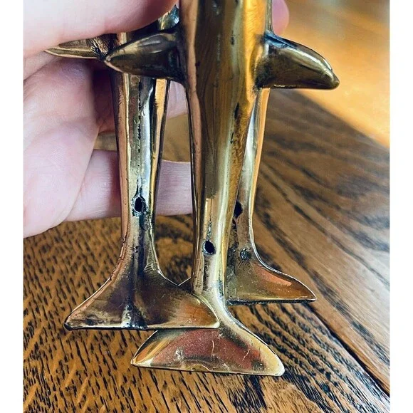 VTG Brass Swimming Jumping Three Dolphins Figurine Sculpture Statue 3.5” Marine - Picture 9 of 11